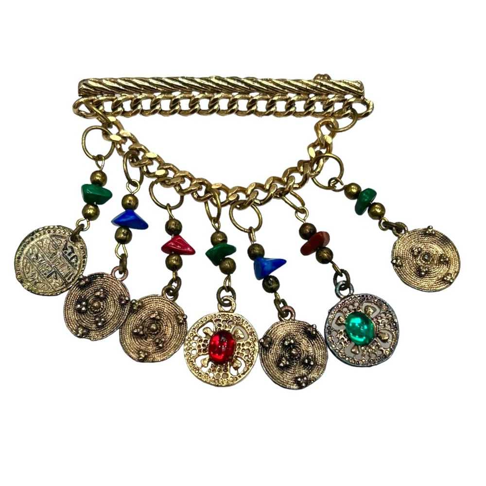 VINTAGE CHAIN BAR W CHAIN SWAG & COIN DANGLES W STONES - ETRUSCAN STYLE BROOCH
